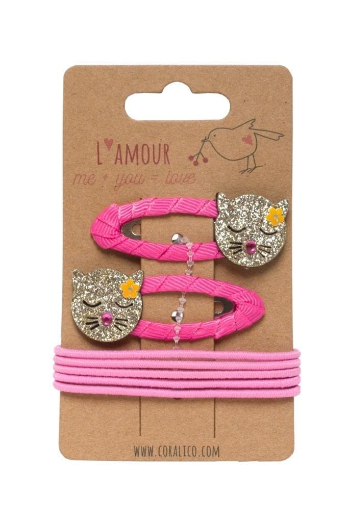 Zestaw spinek do włosów z kotkiem i gumki w odcieniach złota i różu