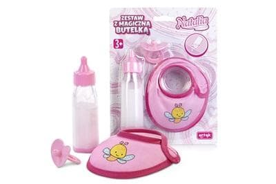 Zestaw akcesoriów dla lalki - butelka, smoczek, śliniak